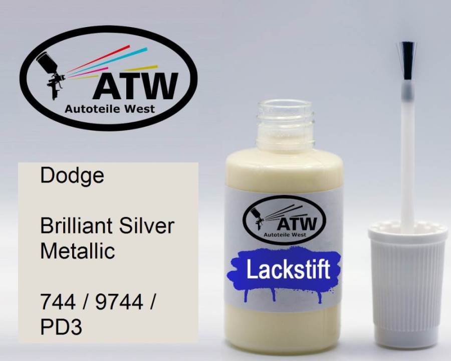 Dodge, Brilliant Silver Metallic, 744 / 9744 / PD3: 20ml Lackstift, von ATW Autoteile West.